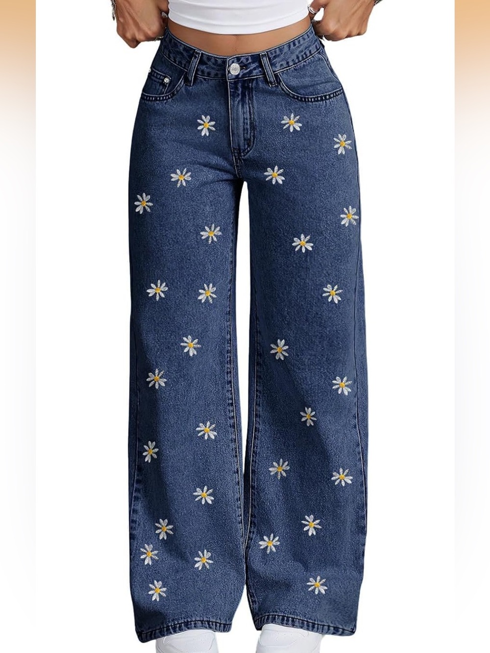 Daisy-Embroidered Wide Leg Jeans - NWT - Size M